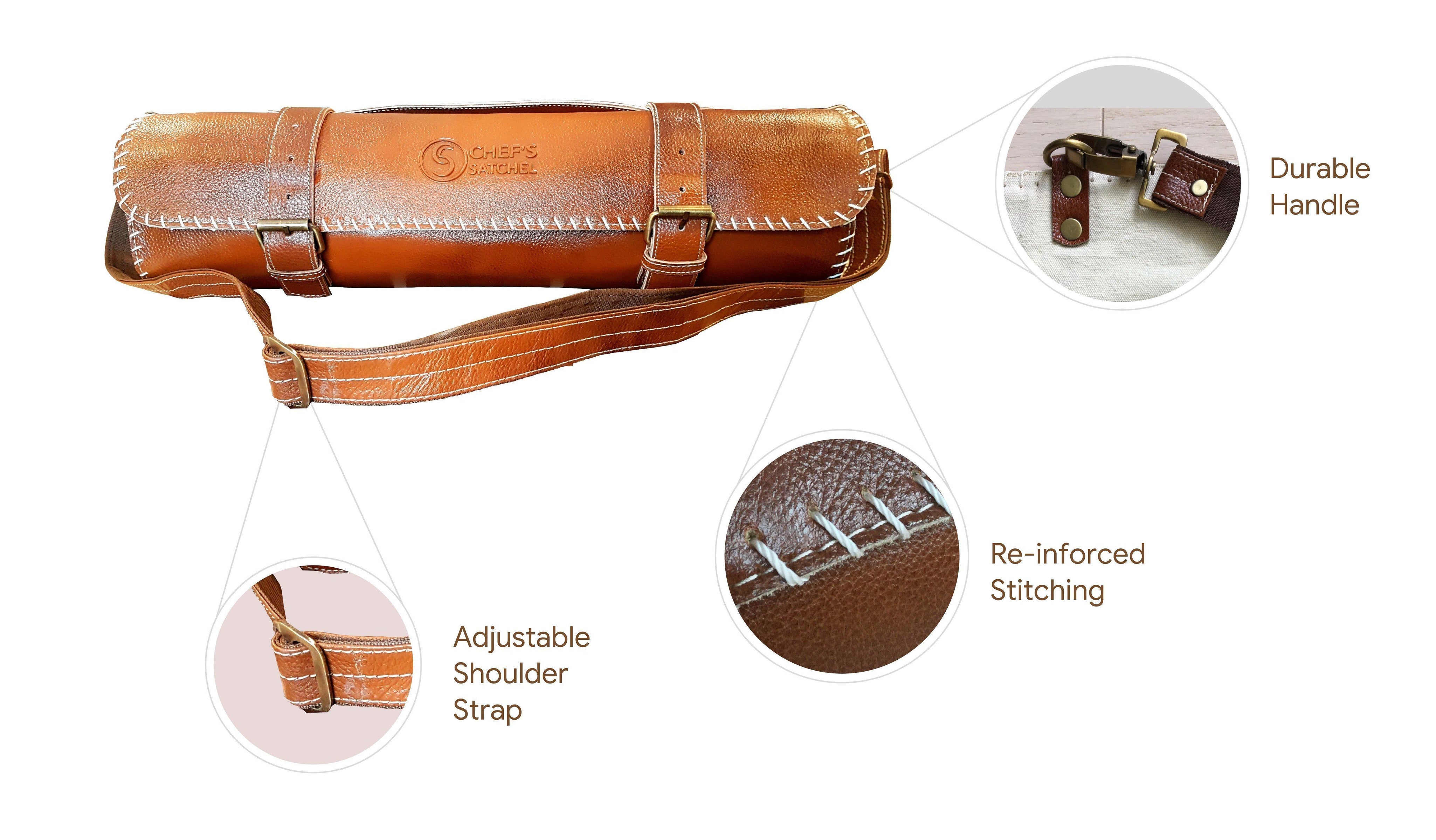 Leather knife roll detail view: durable handle, adjustable shoulder strap, and reinforced stitching