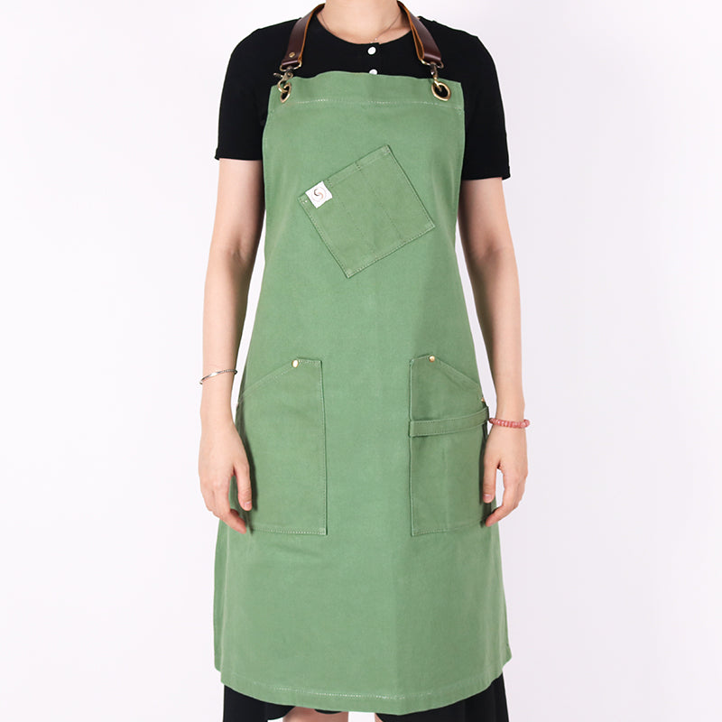 Handmade leather strap basil green apron